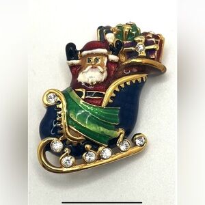 Christopher Radko Santa Clause & Toy Sleigh w/ Large Crystals Brooch Gold Tone